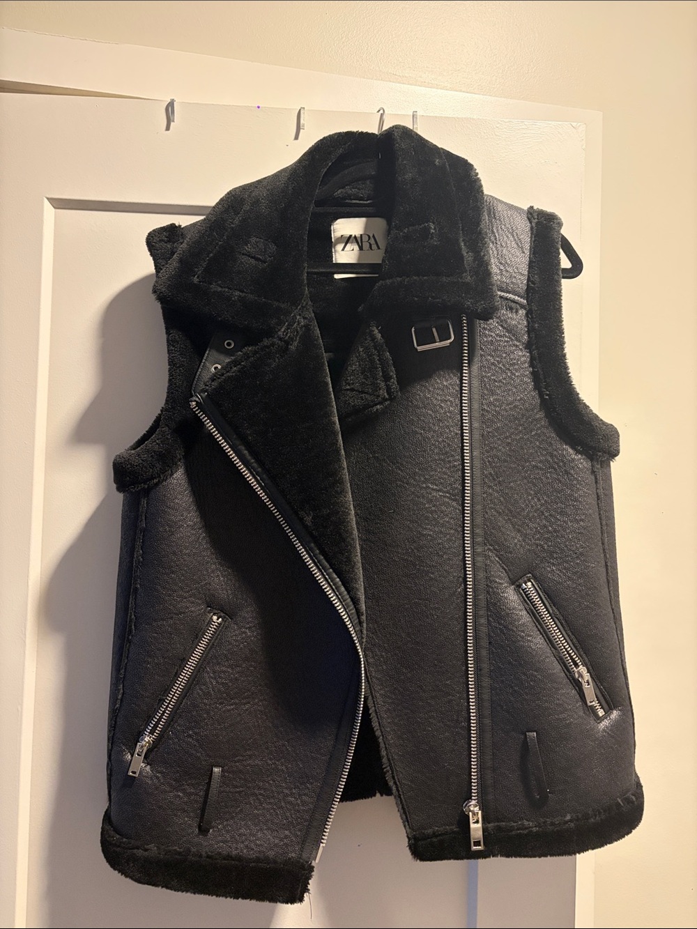 Zara Black Faux-Shearling Biker Vest